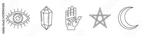 Esoteric line art icons for witchcraft and spiritual concepts. Minimalist collection of magical symbols including a crystal, all seeing eye, pentagram, moon, and hand