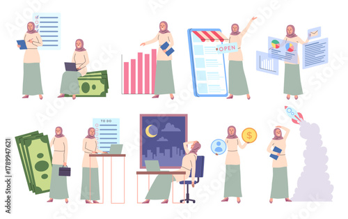 Cartoon Color Characters Muslim Business Woman in Headscarfs Startup Concept Flat Design Style. Vector illustration of Businesswoman Project