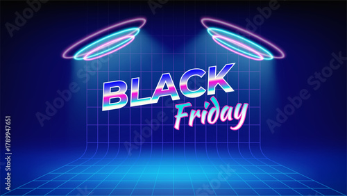 Black friday neon offer poster. Sale, promotion banner. Retro futuristic stage blue background. Circular cyan pink neon, led halo spotlight. Wireframe mesh. Black friday concept, advertising. Vector