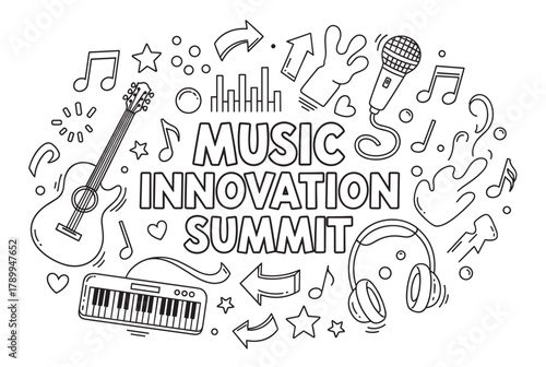 Music innovation summit lettering with doodle icons. Hand drawn concept for a festival or conference promotion with guitar, microphone and keyboard elements