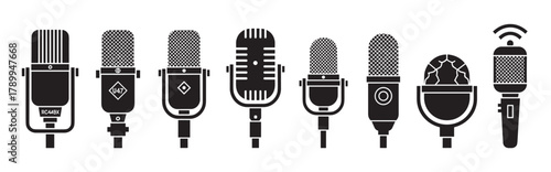 Set of various microphone icons for audio recording and broadcasting. Collection of vintage and modern studio equipment symbols. Minimalist black silhouette design elements