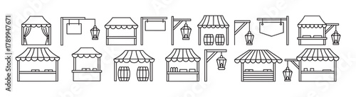 Set of medieval market stall and fair booth line icons. Minimalist outline collection of street vendor kiosks, signs, and lanterns for festival design