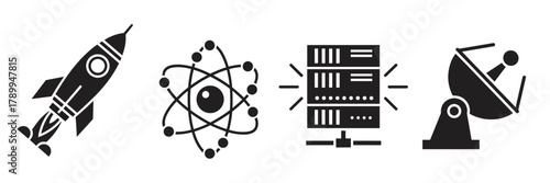 Technology and science glyph icon collection. Minimalist symbols for startup launch, physics research, data center hosting and global satellite communication concepts