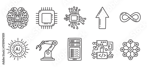 Artificial intelligence line icon set for technology projects. Includes digital brain, cpu chip, robotic arm, and neural network symbols. Concepts of machine learning and automation