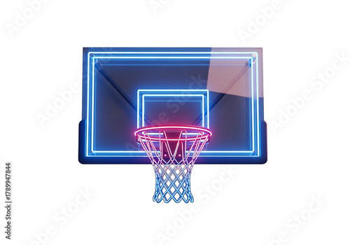 Vibrant neon glow basketball hoop and backboard, futuristic sports concept design