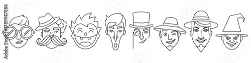 Collection of diverse male character faces in a simple outline style. Cartoon avatars representing various archetypes like a gentleman, villain, and aviator for creative design