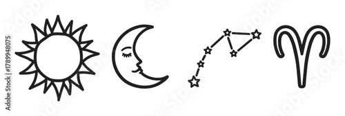 Astrology icon set with sun moon and aries zodiac sign. Hand drawn celestial symbols for horoscope or esoteric design. Minimalist line art collection of spiritual elements