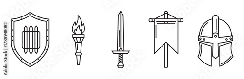 Medieval knight icon set with shield sword and helmet. Minimal line art symbols for fantasy gaming or history concepts. Collection of ancient warrior equipment elements