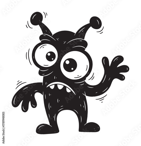 A funny cartoon monster with a scared and anxious expression. This cute little alien is shaking with fear and waving its hand in panic. Isolated doodle for halloween designs