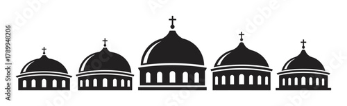 Set of black church dome silhouettes with crosses isolated on a white background. Minimalist icons representing christian orthodox faith and byzantine style architecture