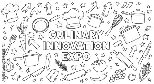 Hand drawn banner for a culinary innovation expo with doodle style lettering. Black and white line art featuring cooking utensils, fresh vegetables, and chef hats
