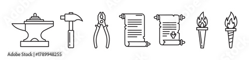 Line art icons of traditional tools and ancient scrolls. Featuring an anvil, hammer, pliers, and flaming torches. Perfect for history, craft, or knowledge related design projects
