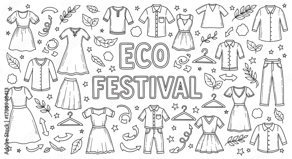 Obraz premium Outline doodle set of eco festival clothing and accessories. Hand drawn apparel collection with leaves, stars, and arrows for sustainable fashion events