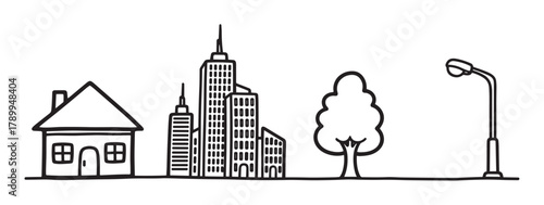 Hand drawn cityscape showing a transition from a suburban house to urban skyscrapers. Minimalist line art doodle for real estate or community development concepts