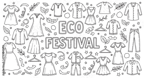 Outline doodle set of eco festival clothing and accessories. Hand drawn apparel collection with leaves, stars, and arrows for sustainable fashion events