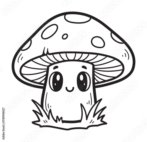 Cute kawaii mushroom character with a happy face. Black and white outline drawing for a children's coloring book page. Isolated toadstool mascot with a spotted cap