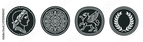 Set of ancient symbols and mythological icons for logo design. Includes a roman emperor profile, celtic knot, griffin, and laurel wreath. Minimalist emblems for branding