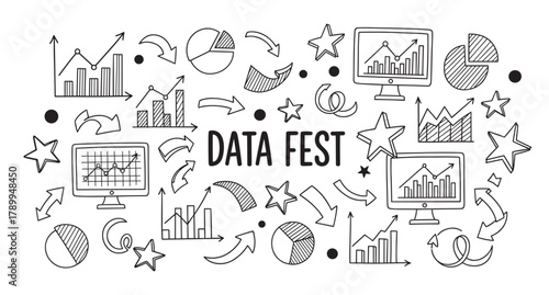Data fest concept with hand drawn analytics icons and business charts. Doodle style banner for a presentation or conference about big data and statistics visualization