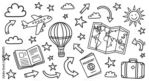 Hand drawn collection of travel and vacation doodle icons. Set includes airplane, passport, world map, and hot air balloon for tourism design. Simple black and white line art elements