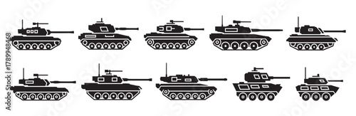Set of military tank icons in a simple black silhouette style. Various armored combat vehicles and army transportation symbols for graphic design or game assets