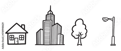 Hand drawn icon set of urban and suburban elements for real estate concepts. Simple line art collection with a house, city skyline, tree, and street lamp for design projects