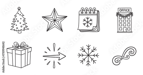 Christmas holiday icon set for corporate celebration. Outline elements include a decorated office building, gift box, and snowflake for seasonal design projects