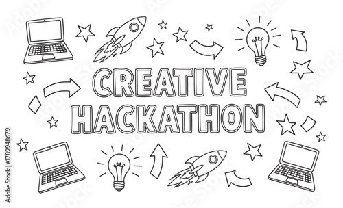 Creative hackathon lettering with technology icons in a doodle style. Hand drawn banner for coding competition, innovation event, or startup brainstorming session