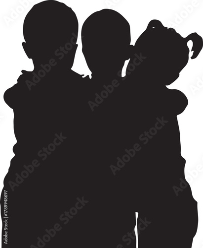 Three Children Hugging Together Silhouette
