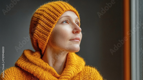Thoughtful woman in cozy yellow knitwear looks hopefully towards brighter days radiating warmth and resilience indoors