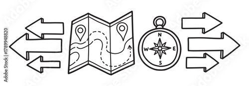 Hand drawn map and compass icons representing choice and direction. Arrows pointing left and right symbolize different paths or options. Doodle style navigation set for decision making