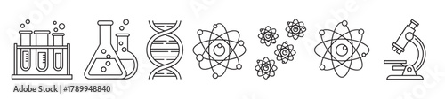 Collection of science line icons representing chemistry and biology research. This set includes a microscope, dna helix, atom model, and laboratory glassware like test tubes