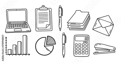 Hand drawn business and office tools collection. Essential stationery and digital devices for work and finance. Doodle style icons for accounting and communication concepts