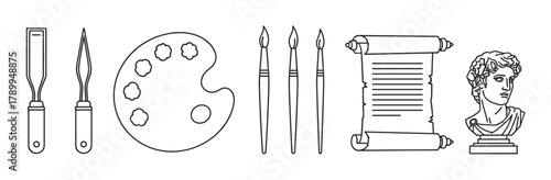 Art supplies and classical sculpture icon set in a minimal line art style. Collection includes paintbrush, palette, chisel, scroll, and an ancient greek bust for creative concepts