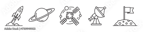 Set of linear icons for space and astronomy themes. Features a rocket launch, planet saturn, orbital satellite, and telescope. Simple outline symbols for science concepts