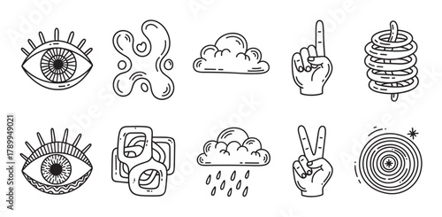 Psychedelic collection of abstract symbols and icons in a minimalist doodle style. Featuring surreal eyes, hand gestures, clouds, and other mystical shapes for creative projects