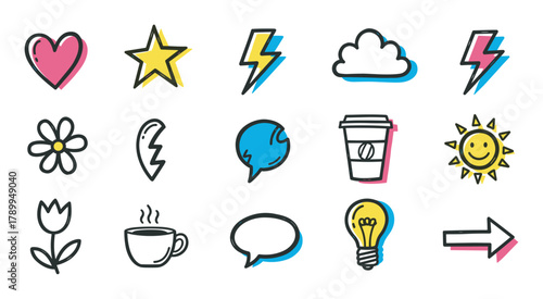 Playful hand drawn doodle icons set with vibrant color accents and sketch shadows. Essential symbols like heart, star, lightning, cloud, sun, and coffee for digital projects