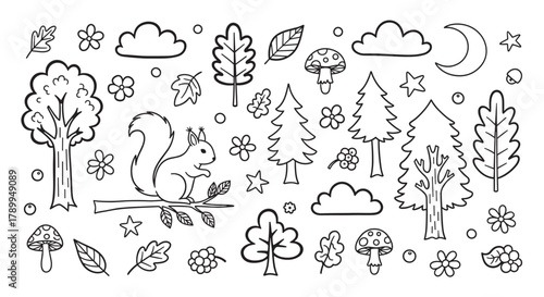 Collection of cute forest elements with a squirrel, trees, and mushrooms. Black and white line art doodles for children's coloring books and creative projects