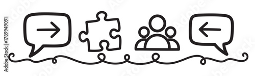 Hand drawn business concept icons in a doodle style. Speech bubbles with arrows, a puzzle piece, and a group of people illustrate communication flow and problem solving