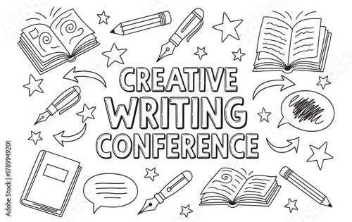 Hand drawn creative writing conference lettering with various doodle elements. Monochrome line art collection of books pens and pencils for a literature festival or author workshop