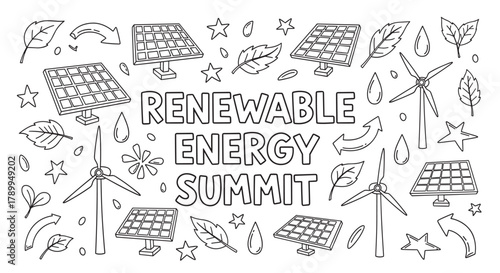 Renewable energy summit text with doodle icons. Hand drawn solar panels, wind turbines, and leaves for eco-friendly events. Sustainable power concept for environmental awareness