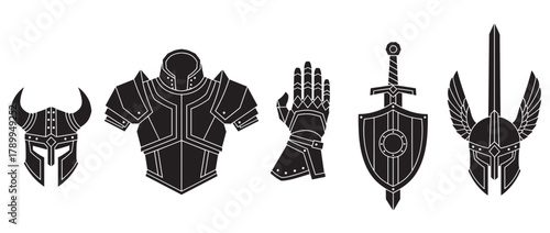 Set of medieval fantasy warrior armor and weapon icons. Black silhouette collection with helmet, sword, shield, and gauntlet. Knight or barbarian equipment for game design
