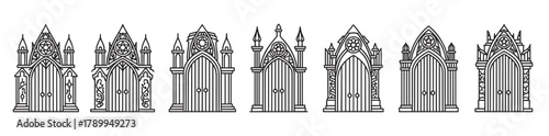 Collection of gothic archways and ornate medieval doors. Featuring intricate architectural details and decorative elements. Ideal for fantasy game assets or historical design projects