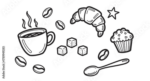 Hand drawn coffee shop doodle set with a hot cup, croissant, and muffin. Breakfast pastry and beverage icons including coffee beans, sugar cubes, and a spoon for cafe branding