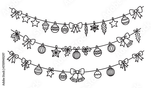 Set of festive christmas garlands with hanging ornaments in a doodle style. Black and white line art collection with stars, baubles, bows, and bells for holiday design