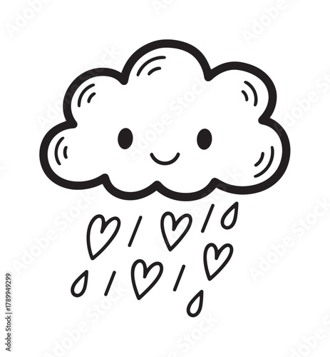Cute kawaii cloud character raining hearts and love. Hand drawn doodle icon for valentine's day or romantic greeting cards. Simple black and white weather symbol of affection