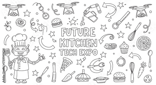 A cheerful robot chef holds a spatula, surrounded by futuristic kitchen technology and various food items. This doodle style is perfect for a smart cooking expo or innovation event