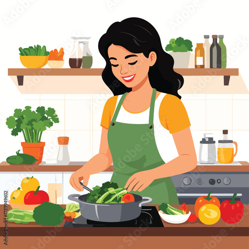 A smiling woman prepares a healthy meal, cooking vegetables in a kitchen.