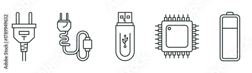 Technology and electronics line icon set with various components. Includes electric plug, usb flash drive, computer chip, and battery symbols for web or mobile interface design