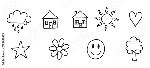 Set of cute hand drawn doodle icons in a simple black and white outline style. Childlike drawings of a house, sun, cloud, heart, and flower for kids projects or scrapbooking