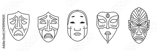 Collection of theatrical and cultural masks in a minimal line art style. Various ethnic designs including greek tragedy, japanese noh, and tribal faces for performance concepts